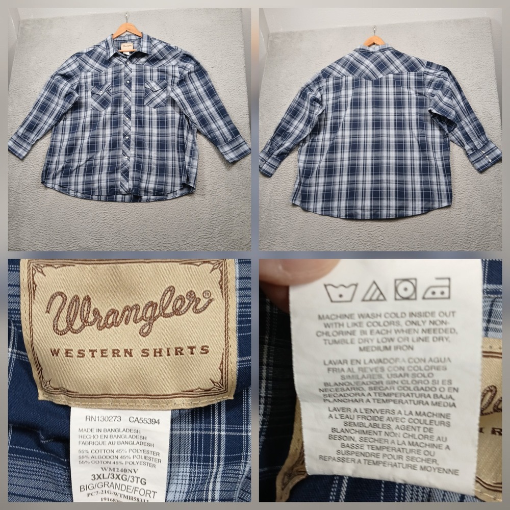 Wrangler Western Shirt Men's 3XL Blue Plaid Pearl Snap Long Sleeve